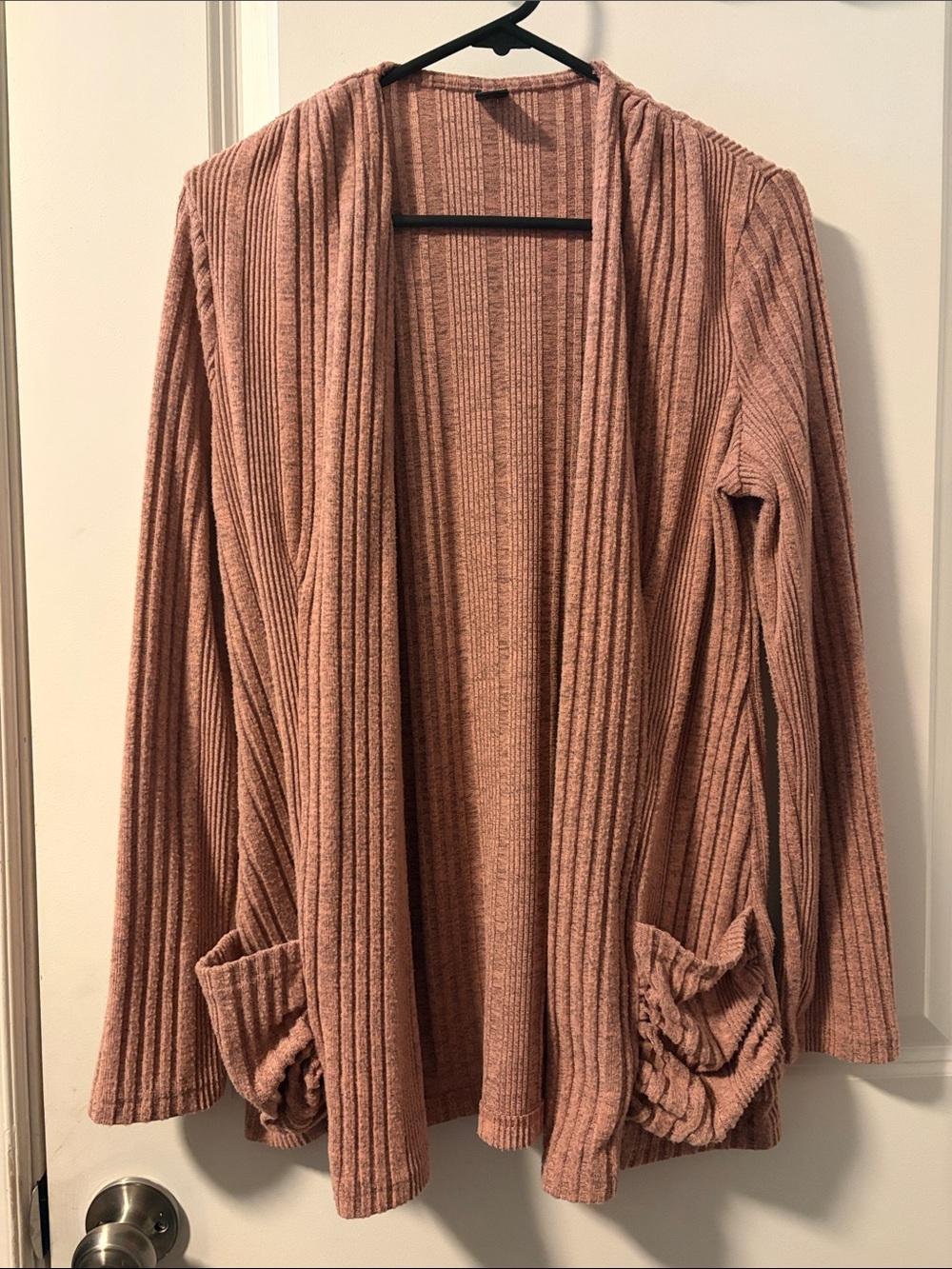 Open-Front Ribbed Cardigan with Pocket Ruching - Dusty Pink